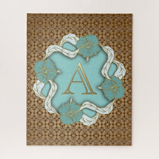 Elegant bloemmotief turquoise gouden monogram lett legpuzzel (Verticaal)