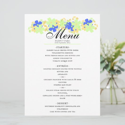Elegant bloemontwerp in groen geel blauw menu (Staand voorkant)