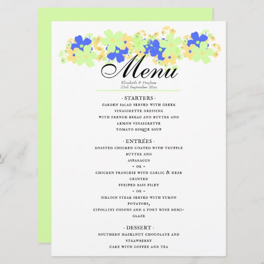 Elegant bloemontwerp in groen geel blauw menu (Voorkant / Achterkant)