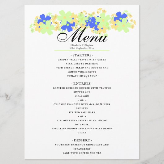 Elegant bloemontwerp in groen geel blauw menu (Voorkant)
