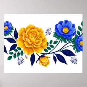Elegant bloemontwerp met gouden en blauwe bloesems poster
