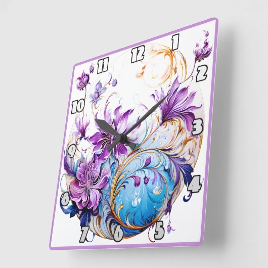 Elegant bloemontwerp met Paarse en blauwe accenten Vierkante Klok (Hoek)