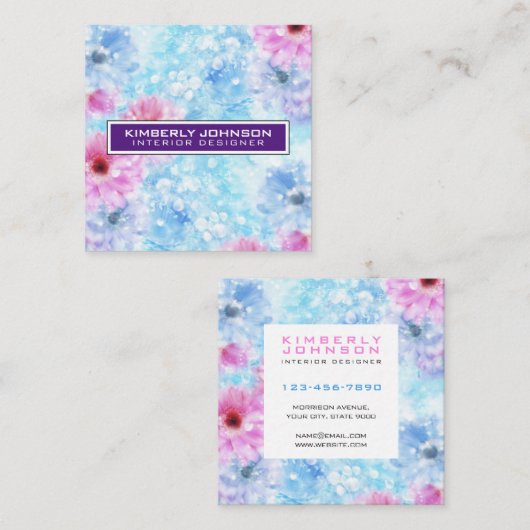 Elegant Bloemontwerp Minimalistisch Bewerkbaar Vierkante Visitekaartje (Voorkant / Achterkant)
