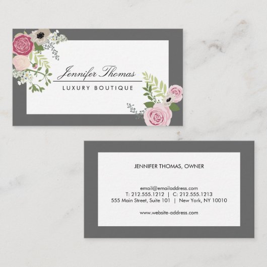 Elegant  bloemontwerp wit/grijs visitekaartje (Voorkant / Achterkant)