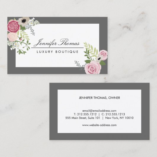 Elegant bloemontwerp wit/grijs visitekaartje (Voorkant / Achterkant)