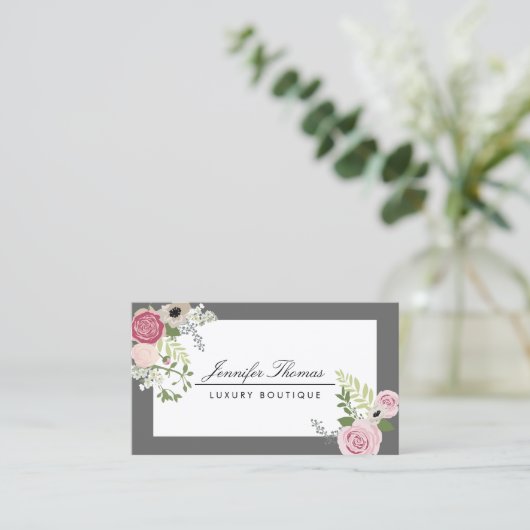 Elegant bloemontwerp wit/grijs visitekaartje (Staand voorkant)