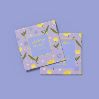 Elegant Bloempatroon – Gele & Blauwe Bloemen, Vierkante Visitekaartje