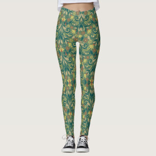 Elegant bloempatroon in geel en rood op groen leggings