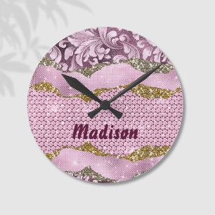 Elegant bloemrijk glinsterend Paars roze goud mono Ronde Klok