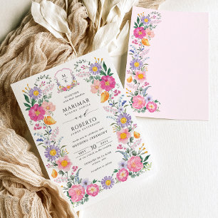 Elegant bloemrijke tuin bruiloft monogram wapen kaart
