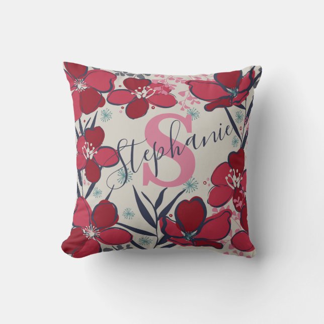 Elegant bloemrood, roze en beige Monogram Kussen (Voorkant)