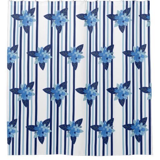 Elegant bloemstreeppatroon monochromatisch blauw douchegordijn (Voorkant)