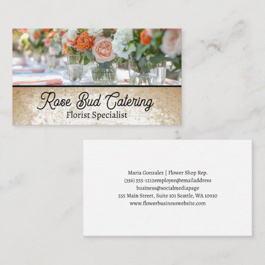 Elegant bloemstuk op wit tafelkleed visitekaartje (Voorkant / Achterkant)