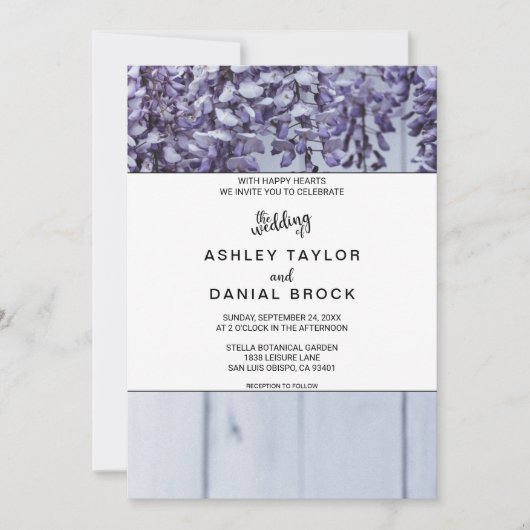 Elegant bloesems paarse rozen hout bloemen bruilof kaart (Voorkant)