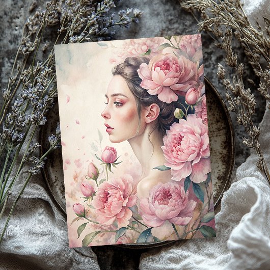 Elegant  blond meisje met roze pioenen tissuepapier