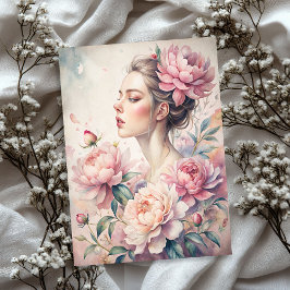 Elegant  blond meisje met roze pioenen tissuepapier