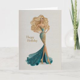 Elegant Blonde in Gold & Teal Gown Glam BDay Kaart