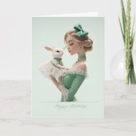 Elegant Blonde in Green w/ Pretty Bunny BDay Card Kaart