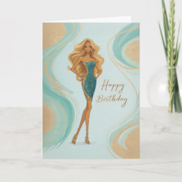 Elegant Blonde in Teal Gold Glam Gown Birthday Kaart