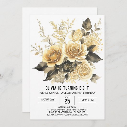 Elegant Bloom Goud en Zwart Verjaardag Kaart (Voorkant / Achterkant)