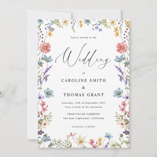 Elegant Bloom Wildflower Romantisch Script Bruilof Kaart (Voorkant)