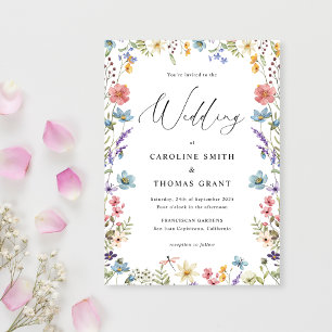 Elegant Bloom Wildflower Romantisch Script Bruilof Kaart