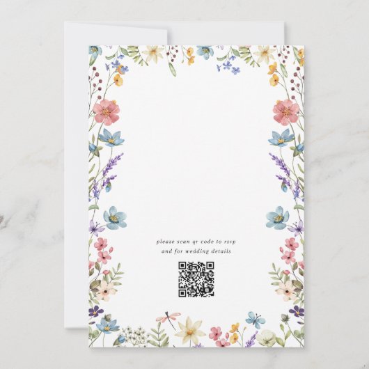 Elegant Bloom Wildflower Script QR Code Bruiloft Kaart (Achterkant)
