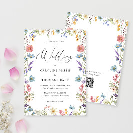 Elegant Bloom Wildflower Script QR Code Bruiloft Kaart