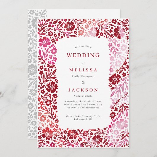 Elegant blooming lijst bruiloft uitnodiging Rood R (Voorkant / Achterkant)