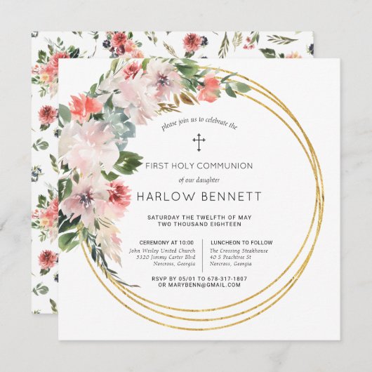 Elegant Blossom First Heilige Communauteit Uitnodi Kaart (Voorkant / Achterkant)