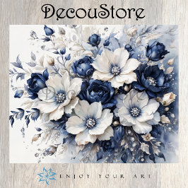 Elegant Blossoms in Blue & White Decoupage Tissuepapier
