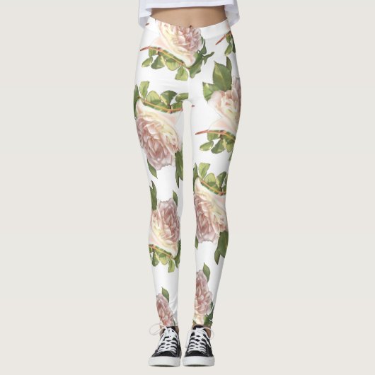 Elegant blozen roze witte bloemen rozen leggings (Voorkant)