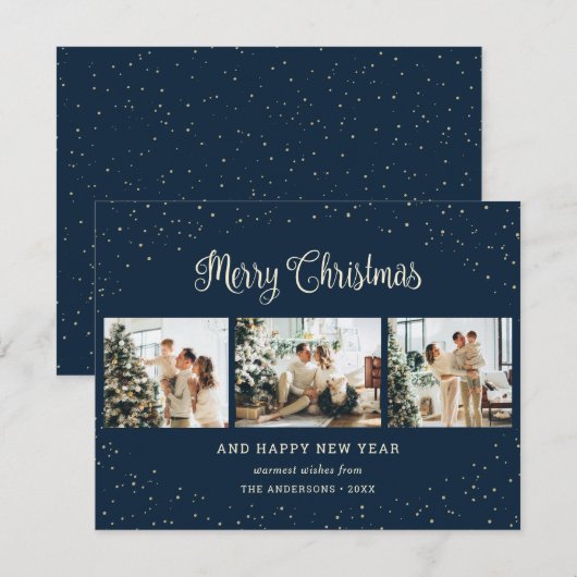 Elegant Blue 3-fotografie met kerstkaarten Feestdagenkaart (Voorkant / Achterkant)