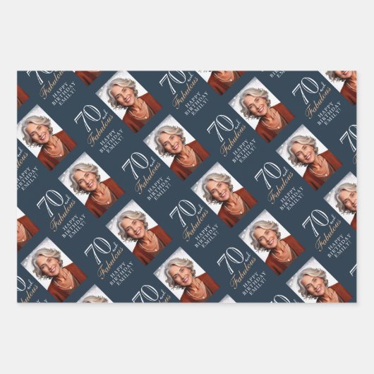 Elegant Blue 70 and Fabulous 70th Birthday Photo Inpakpapier Vel (Voorkant)