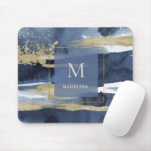 Elegant Blue | Abstract goud met monogram Muismat (Met muis)