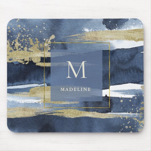 Elegant Blue | Abstract goud met monogram Muismat (Voorkant)