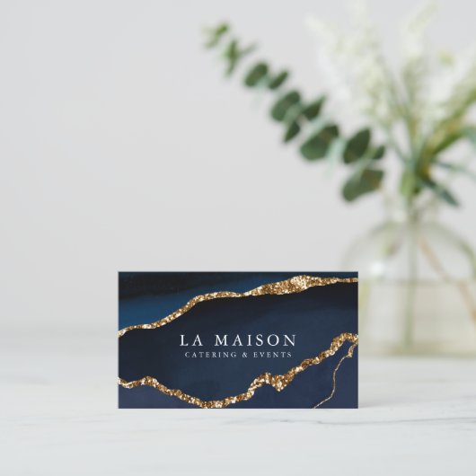 Elegant Blue Agate + Faux Gold Glitter Visitekaartje (Staand voorkant)