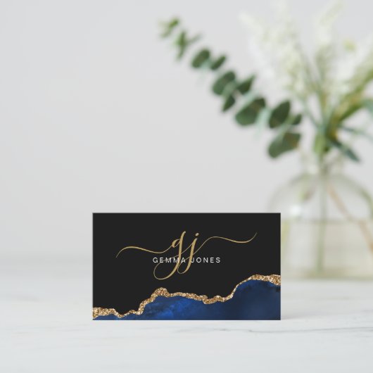 Elegant Blue Agate Gold Glitter Script Monogram Visitekaartje (Staand voorkant)