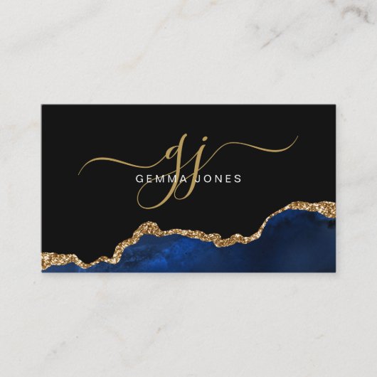 Elegant Blue Agate Gold Glitter Script Monogram Visitekaartje (Voorkant)