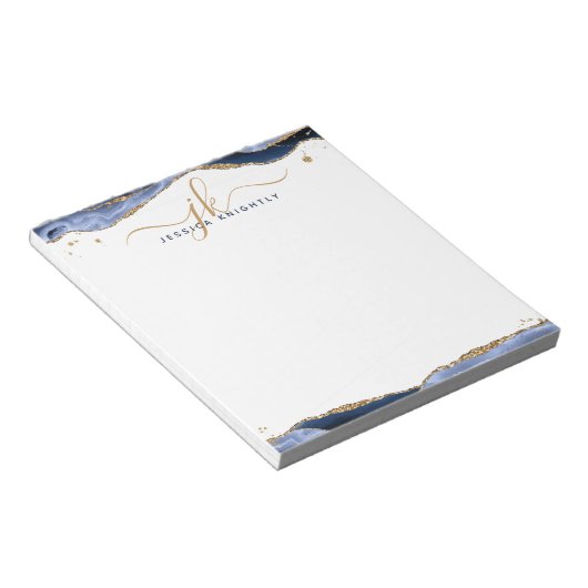 Elegant Blue Agate Script Monogram Initialen Notitieblok (Schuin)