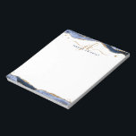 Elegant Blue Agate Script Monogram Initialen Notitieblok<br><div class="desc">Gepersonaliseerd, elegant notitieblok met initialen voor kalligrafiescript of monogram en naam in goud en marineblauw met blauw agate en faux goudglitter border accents. WIJZIGINGEN: De stijl, de kleur, de grootte en de plaatsing van de tekstdoopvont kunnen worden veranderd door op EDIT voor een douane te klikken kijkt. BIJSTAND: Voor hulp...</div>