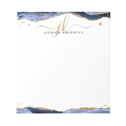 Elegant Blue Agate Script Monogram Initialen Notitieblok (Voorkant)