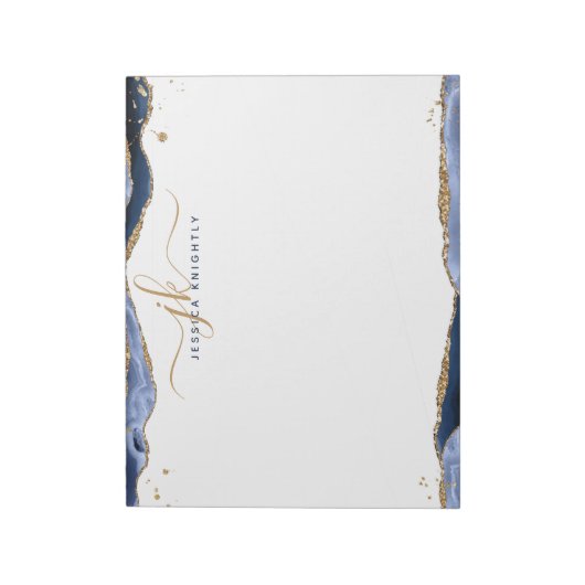 Elegant Blue Agate Script Monogram Initialen Notitieblok (Linkerzijde)