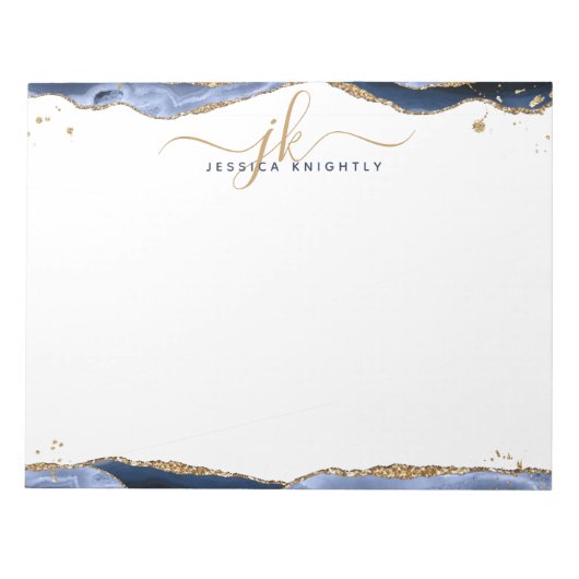 Elegant Blue Agate Script Monogram Initialen Notitieblok (Voorkant)