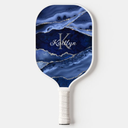 Elegant Blue Agate Silver Glitter Monogram Naam Pickleball Paddle (Voorkant)
