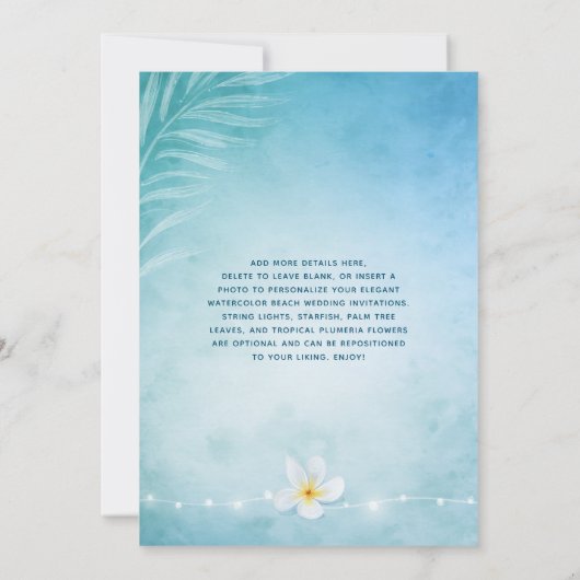 Elegant Blue and Blauwgroen Waterverf Beach Weddin Kaart (Achterkant)