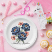 Elegant Blue and Burnt Orange Floral Wedding Papieren Bordje (Feest)