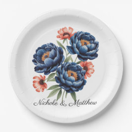 Elegant Blue and Burnt Orange Floral Wedding Papieren Bordje