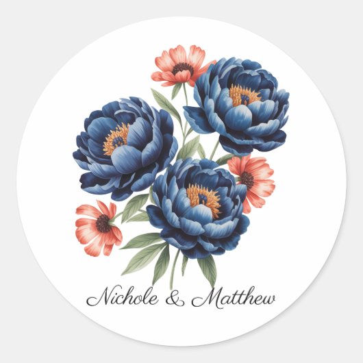 Elegant Blue and Burnt Orange Floral Wedding Ronde Sticker (Voorkant)