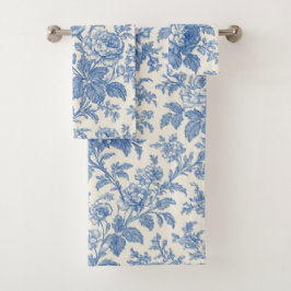 Elegant Blue and Cream Floral Toile de Jouy Bad Handdoek